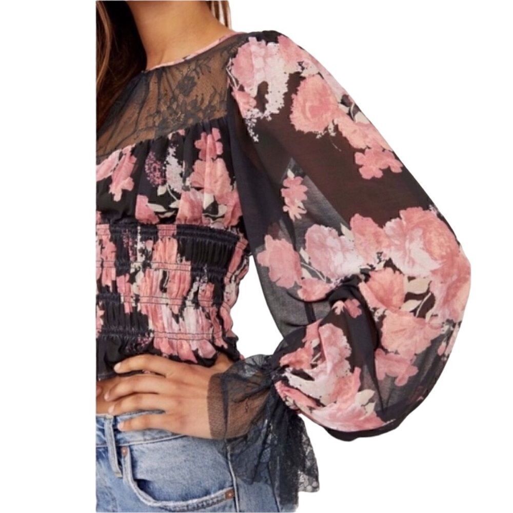 FREE PEOPLE NWT Black Lace Pink Beige Floral Boho Blouse  Top Long Sleev…